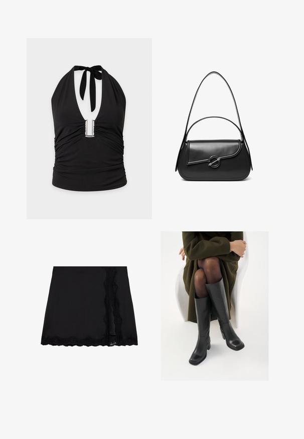Haut noir à col halter avec un profond décolleté en V, détail métallique en forme de U au centre et tissu froncé sur les côtés et à l'avant.; Even&Odd by Zalando Minijupe - black; Bottes en cuir noires arrivant au genou, avec un bout carré et un talon carré, présentées sur un modèle assis dans un manteau vert olive. Texture lisse, détails minimaux.; Sac à bandoulière en cuir noir avec un rabat incurvé fermé par un fermoir métallique rond et une sangle fine et ajustable.