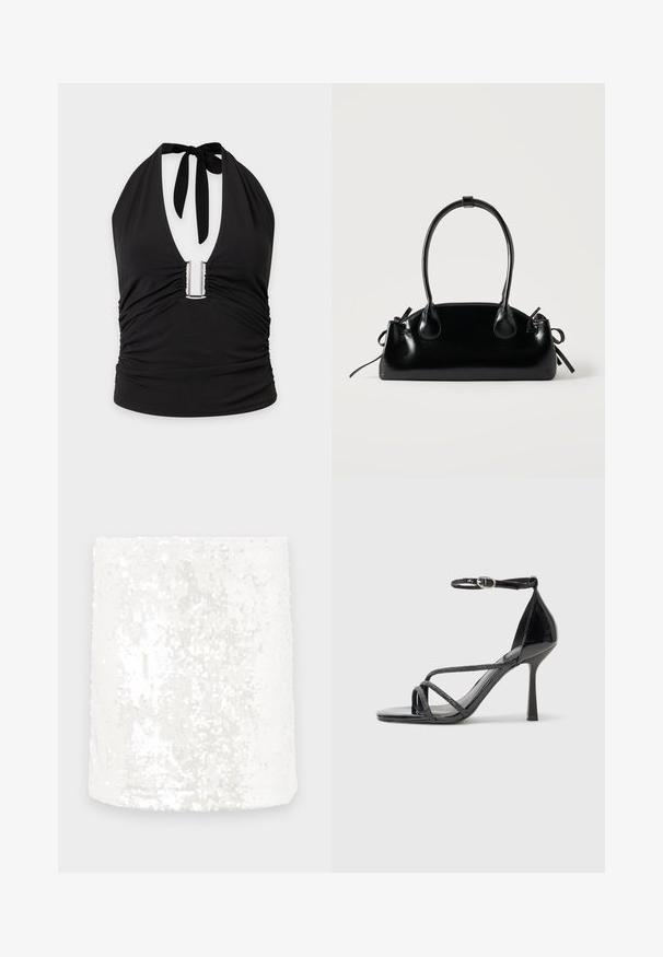 Haut noir à col halter avec un profond décolleté en V, détail métallique en forme de U au centre et tissu froncé sur les côtés et à l'avant.; Tissu tube en sequins blancs avec une surface lisse. Les sequins reflètent la lumière, créant un effet chatoyant. Les bords sont finement finis.; Sandale à talons hauts en cuir verni noir avec une sangle autour de la cheville, présentant des brides croisées et un élégant bout pointu.; Petit sac à main noir brillant avec deux longues anses et des détails à cordon sur les côtés sur un fond clair uni.
