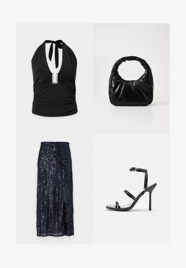 Sort halterneck top med dyb V-udskæring, metal U-formet detalje i midten og rynket stof på siderne og foran.; Marineblå paillet midi skirt med en glat tekstur, der har en tætsiddende talje og en let udvidelse ved kanten. Designet skaber reflekterende mønstre.; Sorte patentlæder højhælede sandaler med tre horisontale stropper og en justerbar ankelstrop. Elegant silhuet og skinnende finish.; Sort polstret håndtaske med et rundt håndtag, der har en glat, skinnende overflade og en blød, kviltet tekstur. Ingen synlige hardware eller accenter.