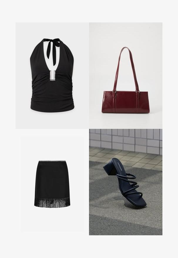 Haut noir à col halter avec un profond décolleté en V, détail métallique en forme de U au centre et tissu froncé sur les côtés et à l'avant.; Mini-jupe en satin noir avec une ceinture festonnée et une bordure à franges le long de l'ourlet, présentée sur un fond blanc uni.; Sandale noire à bout carré, trois fines brides et talon bloc sur un trottoir près d'un mur carrelé.; Sac à main bordeaux en matériau brillant, de forme rectangulaire, avec deux anses et des accents légèrement courbés à l'avant.