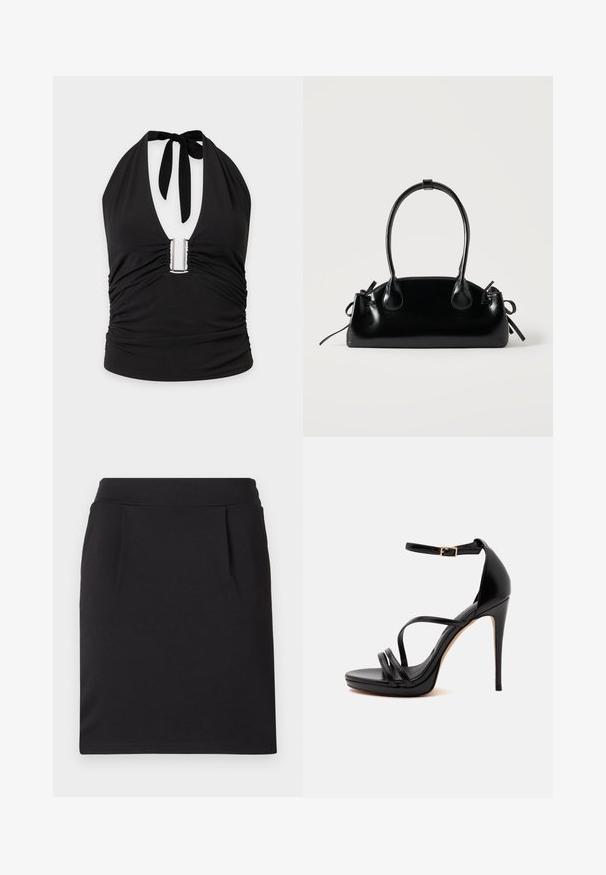 Haut noir à col halter avec un profond décolleté en V, détail métallique en forme de U au centre et tissu froncé sur les côtés et à l'avant.; Jupe crayon noire longueur genou avec une large ceinture et de subtils plis devant, faite en tissu lisse.; Sandale noire à talon haut avec des fines brides, une bride de cheville avec une petite boucle dorée, et un talon aiguille sur fond blanc.; Petit sac à main noir brillant avec deux longues anses et des détails à cordon sur les côtés sur un fond clair uni.