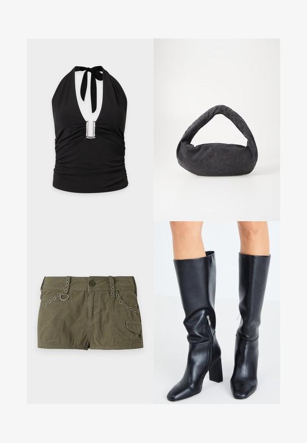 Haut noir à col halter avec un profond décolleté en V, détail métallique en forme de U au centre et tissu froncé sur les côtés et à l'avant.; Shorts vert olive en tissu léger, avec une taille ornée d'accents métalliques et des poches latérales. Surface texturée avec des détails de couture.; Steve Madden SPEEDWAY - Bottes - black; Sac en tissu gris foncé avec une anse courbée, texture douce et forme arrondie. Pas de matériel ou d'embellissements visibles.