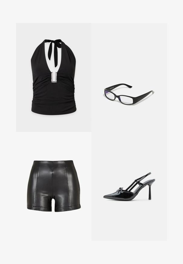 Haut noir à col halter avec un profond décolleté en V, détail métallique en forme de U au centre et tissu froncé sur les côtés et à l'avant.; Shorts en simili cuir noir avec une taille haute, une texture lisse et des coutures visibles sur le devant et l'ourlet.; Chaussure slingback à talon haut en cuir verni noir, avec bout pointu, talon fin et double brides décoratives sur le cou-de-pied.; Des lunettes rectangulaires noires avec des verres transparents. Fini brillant, branches étroites et teinte violette visible sur les bords des verres.