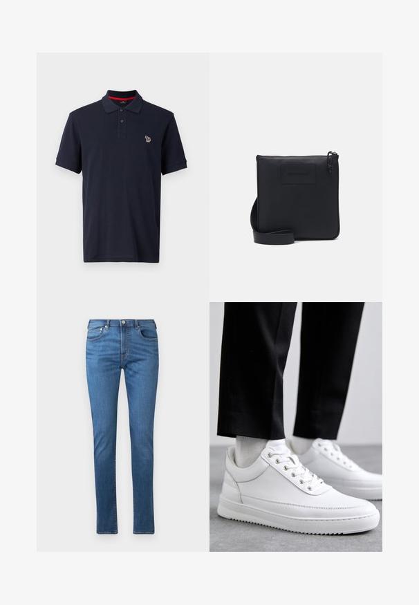 Marineblauwe poloshirt van katoen, met een traditionele kraag, een drieknoopssluiting en een klein geborduurd logo op de linkerkant van de borst.; Blauwe spijkerbroeken met een rechte snit, vijf zakken en een knoopsluiting. De stof heeft een gladde textuur en subtiele vervagingdetails.; Witte leren sneakers met een platte rubberen zool, met een soepele afwerking, ronde neus en metalen oogjes voor de veters. Draag ze met een zwarte broek.; Zwarte leren schoudertas met een gestructureerde afwerking, rechthoekige vorm, ritssluiting en verstelbare schouderband. Kenmerkt zich door een subtiele merklogo aan de voorkant.