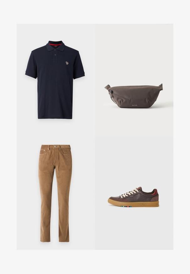 Polo de color navy hecho de algodón, con un cuello tradicional, una tapeta de tres botones y un pequeño logotipo bordado en el lado izquierdo del pecho.; Pantalones de pana marrones con un corte ajustado, que cuentan con cinco bolsillos, cierre de botón y detalles de costura a lo largo de las costuras.; Zapatilla de cuero marrón con cordones crema, acentos burdeos en contraste, diseño perforado y detalles multicolores en la suela.; Riñonera de tela marrón oscuro con bolsillo diagonal con cremallera y pequeño logo blanco en el frontal, sobre un fondo liso y claro.