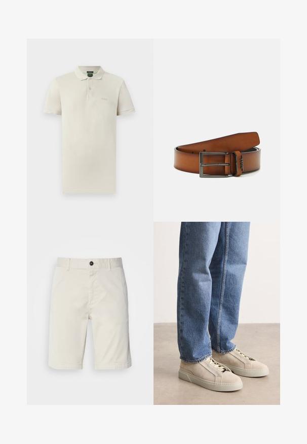 Poloshirt van lichtbeige katoen, met een klassieke kraag, korte mouwen, een knoopsluiting met twee knopen en een subtiel geborduurd logo op de borst.; Lichtbeige shorts van katoen, met een knoopsluiting, voorzakken en gestikte zoom. Soepele textuur met een casual ontwerp.; BOSS GARYTENN_SDHDEL - Sneakers laag - natural ten; Bruine leren riem met een matte zwarte metalen gesp, voorzien van een enkele pin en vijf gaten voor aanpassing, met reliëflogo-detail.
