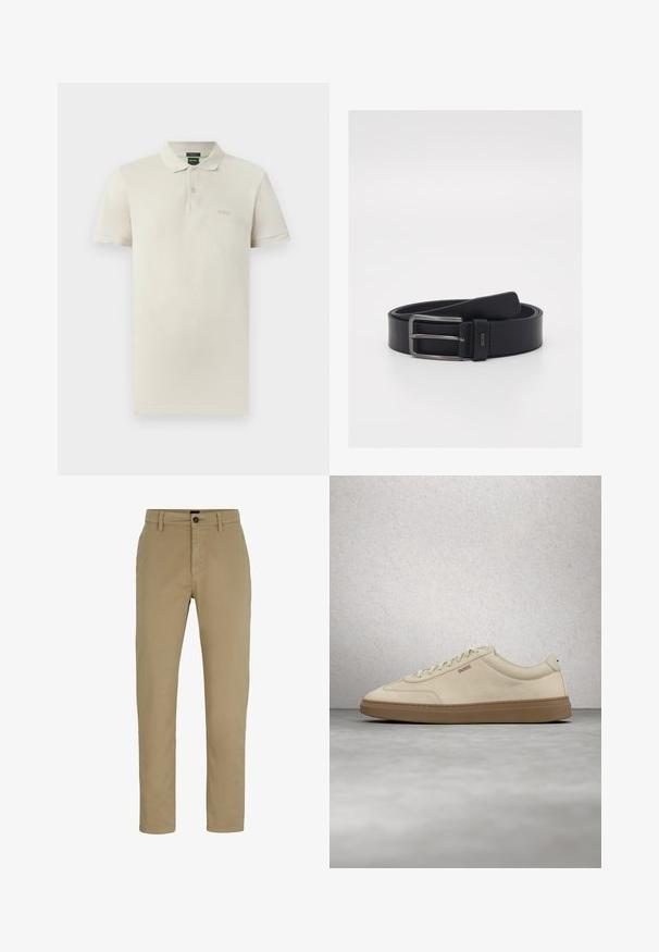 Polo de algodón color beige claro, con cuello clásico, mangas cortas, tapeta de dos botones y sutil logo bordado en el pecho.; Chinos de algodón beige con un ajuste slim, frente plano y cierre de botón. Presenta trabillas para cinturón y bolsillos laterales para mayor funcionalidad.; Zapatilla de ante beige claro con suela de goma color caramelo, cordones prominentes y detalles de costura sutiles. Diseño limpio con una estética minimalista.; Cinturón de cuero negro con un diseño elegante, hebilla de metal plateado y textura suave. Detalle del logotipo cerca de la hebilla.