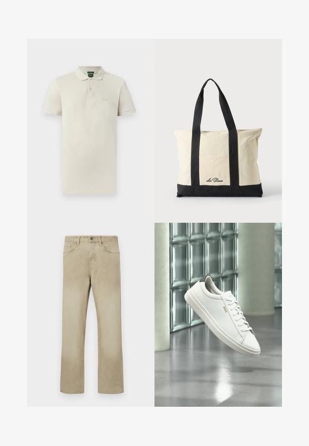 Polo i lysebeige bomuld med klassisk krave, korte ærmer, to-knaps åbning og en diskret broderet logo på brystet.; Beige bomuldsbukser med lige ben design, forsynet med forlommer og klassisk knaplukning. Glat tekstur med diskret slid.; Hvid læder lav-top sneaker med snørebånd, sort hælflig og "BOSS"-logo, svævende indendørs nær glasblok væg og poleret gulv.; Canvas-totepose med lange sorte håndtag, sort bundkant og frontlomme med "Les Deux" logo i sort skrift.