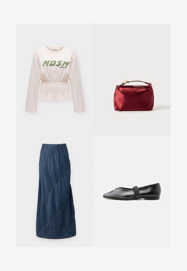 Chemise rose clair à manches longues avec taille élastique, affichant un texte vert "MDSM" et un petit texte noir "COLLECTIVE" à l'avant.; Jupe maxi en denim de couleur bleu profond, présentant des motifs de couture diagonaux et une taille élastique pour une forme structurée et fluide.; Chaussure plate en cuir noir avec une bride froncée sur le dessus et un bout légèrement pointu, présentée sur un fond uni.; Trousse de maquillage en satin bourgogne de forme rectangulaire, avec fermeture éclair et une poignée courte. Présente un design minimaliste et une texture lisse.