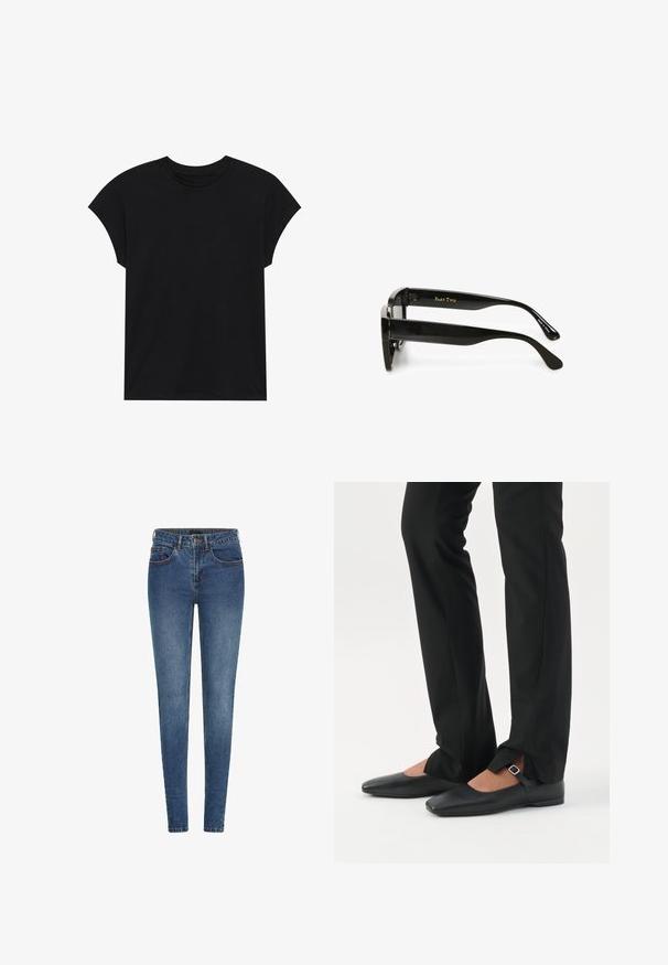 Camiseta de algodón negra con escote redondo, mangas cortas y un corte relajado. Textura suave y sin patrones o adornos visibles.; Jeans ajustados de denim azul oscuro, con una cintura de altura media, cinco bolsillos y costuras en contraste. Textura suave con un ligero estiramiento.; Piernas con pantalones ajustados negros con aberturas frontales en el dobladillo, combinados con zapatos planos Mary Jane negros con una pequeña correa con hebilla.; Monturas de gafas rectangulares negras con patillas gruesas, etiquetadas con "PART TWO" en dorado en una patilla y "Made in China" en blanco en la otra.
