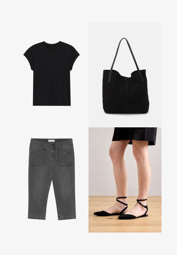T-shirt en coton noir avec un col rond, des manches courtes et une coupe décontractée. Texture lisse sans motifs ni embellissements visibles.; Pantalons capri en denim gris au design ajusté, avec poches avant, fermeture à bouton et une texture légèrement usée.; Sandales plates noires en daim avec bout pointu, dotées de brides de cheville croisées et d'une fermeture à boucle. Texture lisse et design minimaliste.; Sac fourre-tout en suède noir avec deux longues anses en cuir plates. Présente un bord supérieur incurvé et des coutures visibles sur le devant. Pas d'accents en métal.