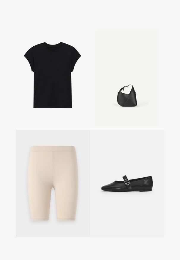 Zwarte katoenen t-shirt met een ronde hals, korte mouwen en een comfortabele pasvorm. Soepele structuur en geen zichtbare patronen of versieringen.; Beige fietsbroekjes van rekbare stof. Midden-dij lengte met een gladde tailleband. Geen zichtbare patronen of accenten.; Zwarte leren platte schoen met een ronde neus, een enkele verstelbare gespsluiting en een gladde, glanzende textuur. Minimalistisch ontwerp met een lage hak.; Zwarte lederen schoudertas met een afgeronde driehoekige vorm en verstelbare riem op een effen lichte achtergrond.