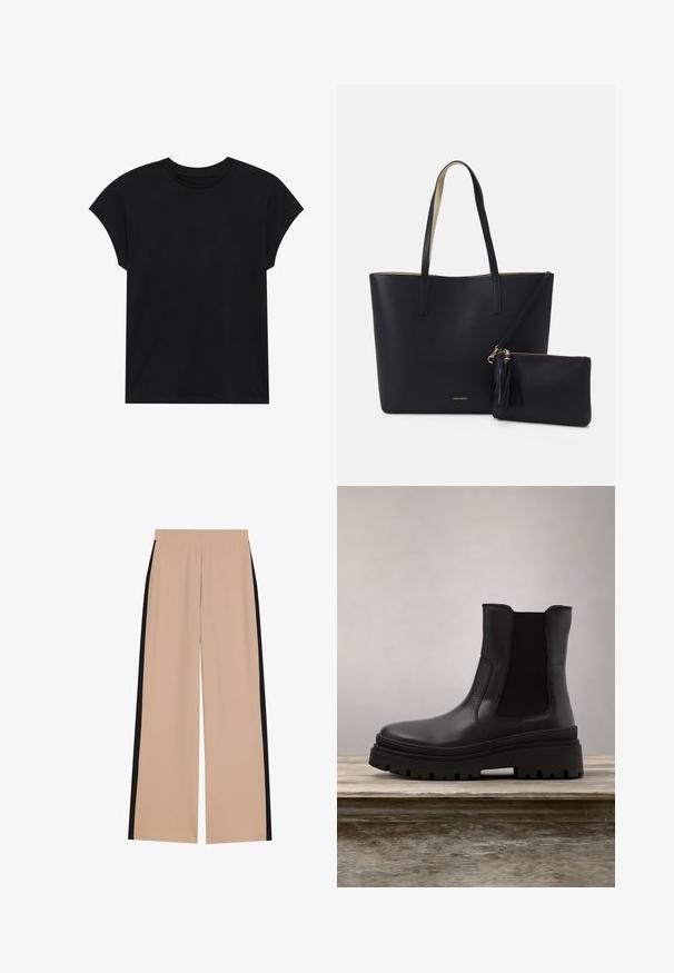 T-shirt en coton noir avec un col rond, des manches courtes et une coupe décontractée. Texture lisse sans motifs ni embellissements visibles.; Pantalons larges beige avec une texture lisse, présentant des rayures noires sur les côtés. La taille est élastique pour plus de confort et une utilisation facile.; Bottine en cuir noir avec une semelle épaisse, des panneaux latéraux élastiqués et une finition lisse. Design surélevé avec des détails de semelle contrastants.; Sac fourre-tout noir avec un matériau texturé, deux longues anses et une pochette zippée amovible avec un détail de pompon. Logo de la marque en orvisible.