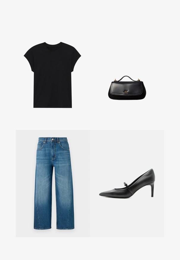 Schwarzes Baumwoll-T-Shirt mit Rundhalsausschnitt, kurzen Ärmeln und entspannter Passform. Glatte Textur und keine sichtbaren Muster oder Verzierungen.; Weite Denim-Jeans in Hellblau mit einem verblassten Wasch-Effekt, ausgestattet mit fünf Taschen und einem vorderen Knopfverschluss. Aus Baumwollmaterial gefertigt.; Schwarzer Leder-Pumps mit spitzer Zehenpartie, dünnem Riemen und Schnalle über dem Spann, stehend auf hellem neutralem Hintergrund.; Schwarze Lederhandtasche mit kleinem Griff, goldfarbenem "cK" Logo auf der Frontklappe und goldfarbenen Hardware-Akzenten.