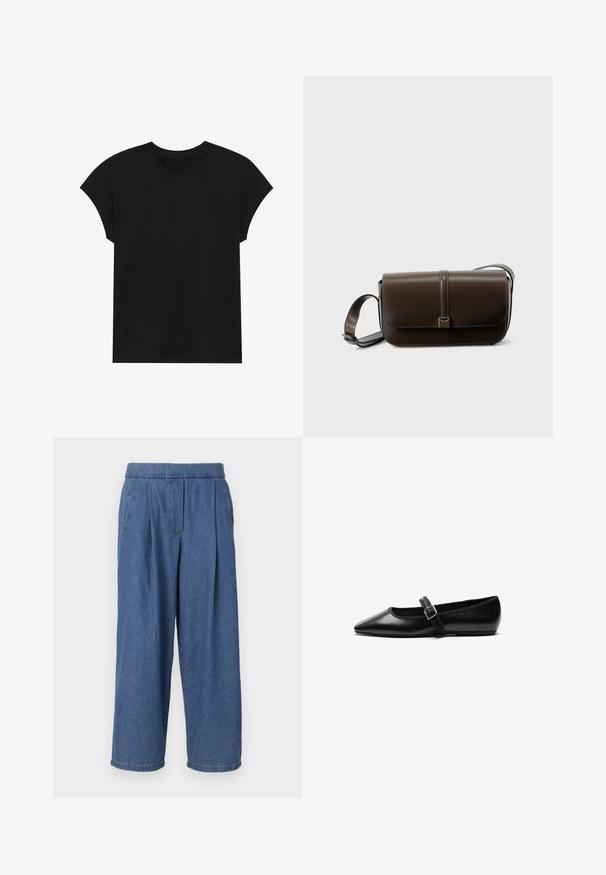 T-shirt en coton noir avec un col rond, des manches courtes et une coupe décontractée. Texture lisse sans motifs ni embellissements visibles.; Pantalon large en denim bleu avec une coupe décontractée, doté d'une taille sans bouton, de plis sur le devant et de deux poches latérales.; Chaussure noire plate en cuir avec un bout pointu, bride réglable avec une boucle en métal, texture lisse et design minimaliste.; Sac bandoulière en cuir marron avec fermeture à rabat, garniture en métal doré et sangle réglable. Texture lisse avec un seul détail de couture.