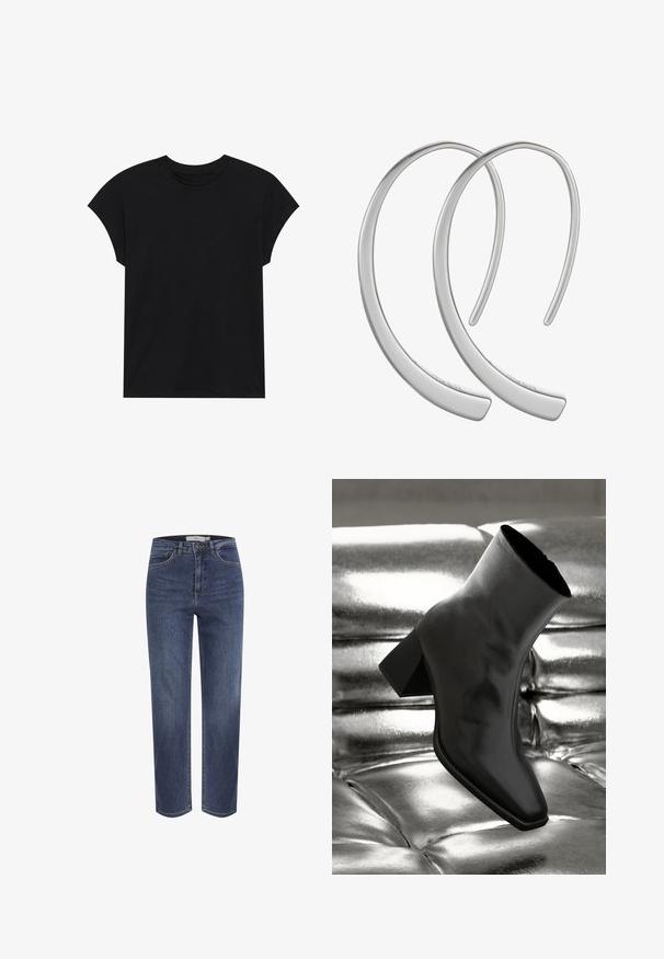 Schwarzes Baumwoll-T-Shirt mit Rundhalsausschnitt, kurzen Ärmeln und entspannter Passform. Glatte Textur und keine sichtbaren Muster oder Verzierungen.; Blaue Jeans mit geradem Bein, vorderen Taschen, Gürtelschlaufen und Knopfverschluss, dargestellt vor weißem Hintergrund.; Schwarzer Knöchelstiefel aus glänzendem Material mit quadratischer Zehenform und verjüngtem Absatz, vor einem glänzenden silbernen gepolsterten Hintergrund.; Silberne Metall-Hoops Ohrringe mit einer glatten, glänzenden Oberfläche und einer gewölbten Mondform, die ein minimalistisches Design aufweisen und keine sichtbaren Muster haben.