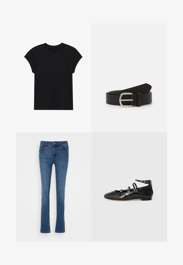 T-shirt en coton noir avec un col rond, des manches courtes et une coupe décontractée. Texture lisse sans motifs ni embellissements visibles.; Jeans évasés en denim bleu avec cinq poches, passants de ceinture et fermeture à bouton à l'avant. Présente une texture lisse et un léger délavage.; ALDO NELTA - Ballerines - black; Ceinture en cuir noir avec une texture lisse, dotée d'une boucle en métal argenté et d'une extrémité effilée. Design simple et classique.