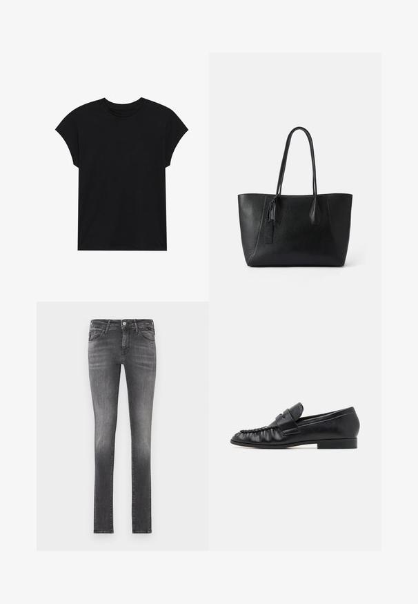 Sort bomulds T-shirt med rund halsudskæring, korte ærmer og en afslappet pasform. Glat tekstur uden synlige mønstre eller udsmykninger.; Mørkegrå slim-fit jeans med en slidt finish, lavet af denim, der har fem lommer og en klassisk lynlås med metalknaplukning.; Sorte læder loafers med en glat tekstur, der har et dekorativt bånd og samlet detaljering ved tåen samt en lav, flad hæl.; Sort læder tote taske med en struktureret overflade, forlænget form, to solide håndtag og et lille dekorativt mærke på siden.