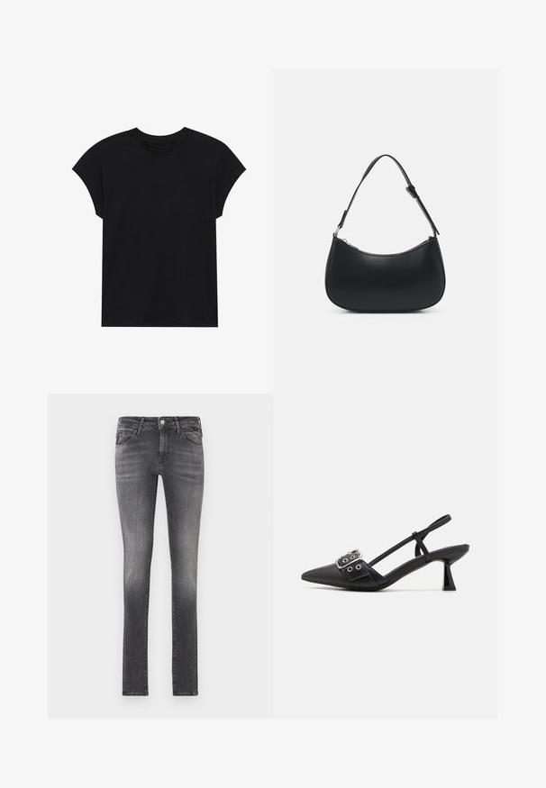 Sort bomulds T-shirt med rund halsudskæring, korte ærmer og en afslappet pasform. Glat tekstur uden synlige mønstre eller udsmykninger.; Mørkegrå slim-fit jeans med en slidt finish, lavet af denim, der har fem lommer og en klassisk lynlås med metalknaplukning.; Simmi London DALA - Pumps - black; Pieces PCALUANA SHOULDER BAG - Håndtasker - black