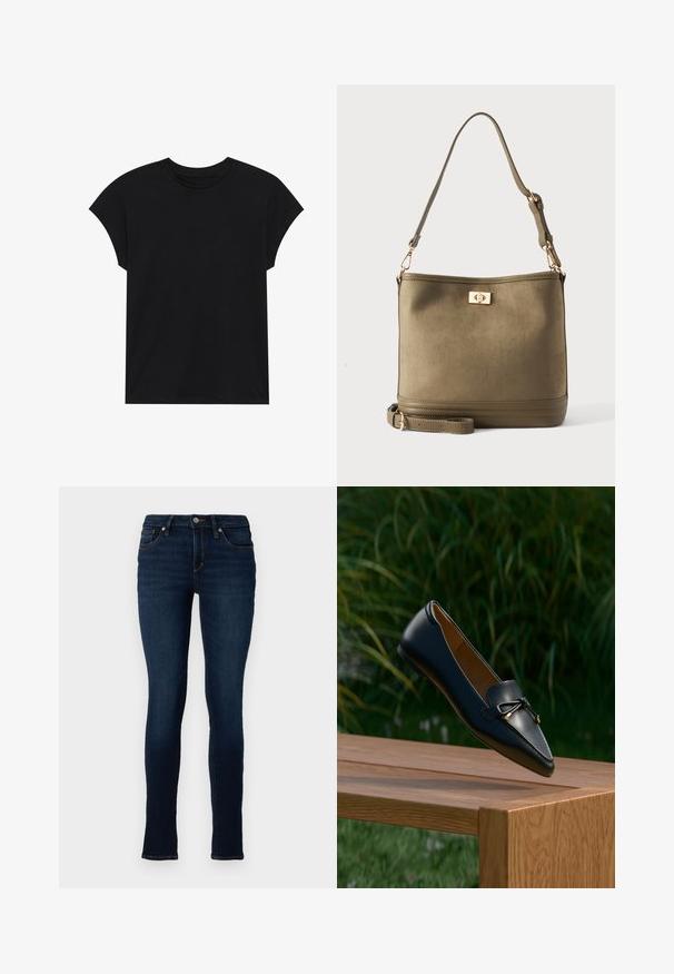 Sort bomulds T-shirt med rund halsudskæring, korte ærmer og en afslappet pasform. Glat tekstur uden synlige mønstre eller udsmykninger.; TOM TAILOR DENIM TTJONA SKINNY FIT - Jeans Skinny Fit - used dark stone blue denim; Sort læderloafer med detaljeret sløjfe, der svæver over en træbænk med grøn græs og planter i baggrunden.; Olivengrøn bucket-taske med justerbar skulderrem og guldfarvet drejelås foran.