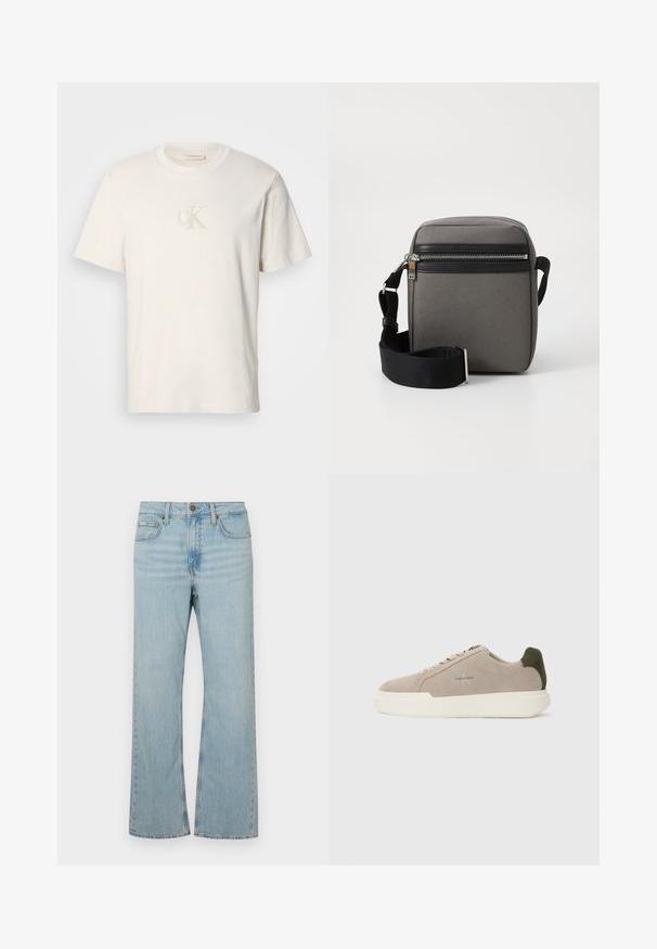 Cremefarvet bomulds t-shirt med korte ærmer og broderet "CK" logo i en lys beige tråd. Klassisk pasform med rund hals.; Lysblå denim flared jeans med en mellemhøj talje, fem lommer og kontrastsyning. Har en lynlåsåbning og metalknaplukning.; Beige ruskinds sneakers med en hvid gummisål, der har en mørkegrøn hælaccent og subtil branding på siden.; Grå stof crossbody taske med en sort lynlåslomme, justerbar rem og rektangulær form. Har en glat overflade og metalbeslag.