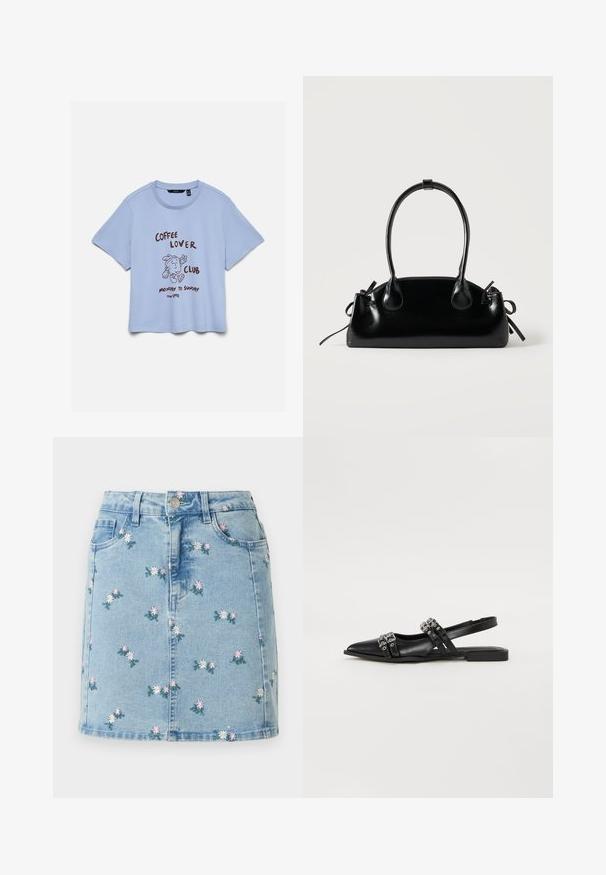 T-shirt bleu clair à manches courtes avec une tasse de café dessin animé et le texte "Coffee Lover Club Monday to Sunday 11am - Late" sur le devant.; Jupe en denim bleu clair avec petites fleurs roses et blanches brodées, poches avant, passants pour ceinture et fermeture par boutons.; Even&Odd by Zalando Ballerines à brides arrière - black; Petit sac à main noir brillant avec deux longues anses et des détails à cordon sur les côtés sur un fond clair uni.