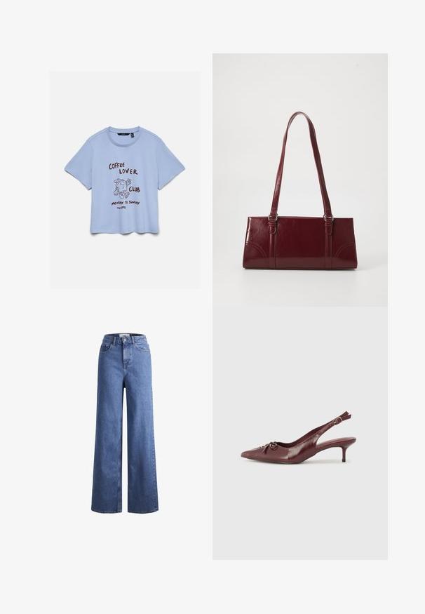 Lyseblå T-shirt med korte ærmer med en tegneserie kaffekop og teksten "Coffee Lover Club Monday to Sunday 11am - Late" foran.; Lyseblå denim brede bukser med høj talje, to frontlommer og synlige stikninger. Har en knap- og lynlåslukning.; Bordeaux læder slingback hæl med spidse tå, justerbar rem og dekorativ sløjfedetalje foran. 7,5 cm hælhøjde.; Bordeaux håndtaske lavet af glansfuldt materiale, rektangulær form, med to skulderremme og subtile buede detaljer på forsiden.