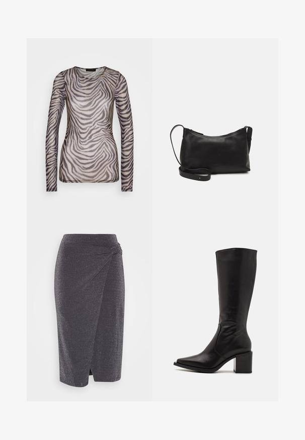 Langærmet top lavet af gennemsigtig stof med zebrastribe mønster i nuancer af grå og beige. Rund halsudskæring, tætsiddende silhuet.; Mørkegrå, knælang blyantskirt i et skinnende stof med en snoet knude detalje i taljen og en sidelæg. Glat tekstur.; Zign by Zalando LEATHER - Høje støvler/ Støvler - black; Sort læder skuldertaske med en glat tekstur, buet form, justerbar rem og lynlås. Minimalistisk design uden udsmykninger.