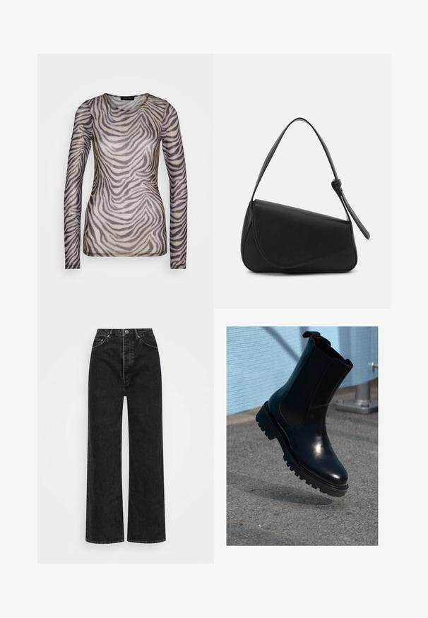 T-shirt à manches longues en tissu transparent avec un motif de rayures zèbre dans des nuances de gris et de beige. Encolure ras du cou, silhouette ajustée.; Jean large noir en denim, avec une taille haute, un design à cinq poches et une fermeture éclair avec bouton.; Bottine en cuir noir avec panneaux élastiques sur les côtés, bout arrondi et semelle épaisse texturée. Finition lisse avec un design minimaliste.; Sac à main en cuir noir de forme triangulaire, avec un rabat incliné et une poignée supérieure arrondie. Il présente une texture lisse et des détails de design minimalistes.