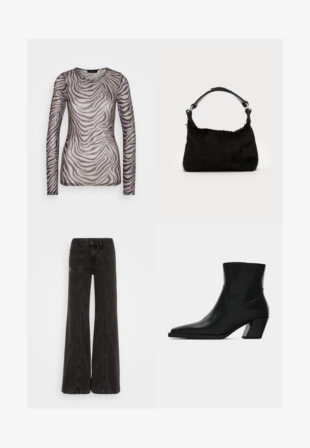 Langærmet top lavet af gennemsigtig stof med zebrastribe mønster i nuancer af grå og beige. Rund halsudskæring, tætsiddende silhuet.; Sorte vide ben jeans lavet af denim, med høj talje, frontlommer og tonet syninger langs sømmene.; Sortlæder ankelstøvle med spids tå, en slank silhuet og en kraftig firkantet hæl. Glat tekstur med minimale stikninger.; Sort faux fur håndtaske med en blød tekstur, rund form og en robust skulderrem i sort læder. Synlige sølvhardware-detaljer.