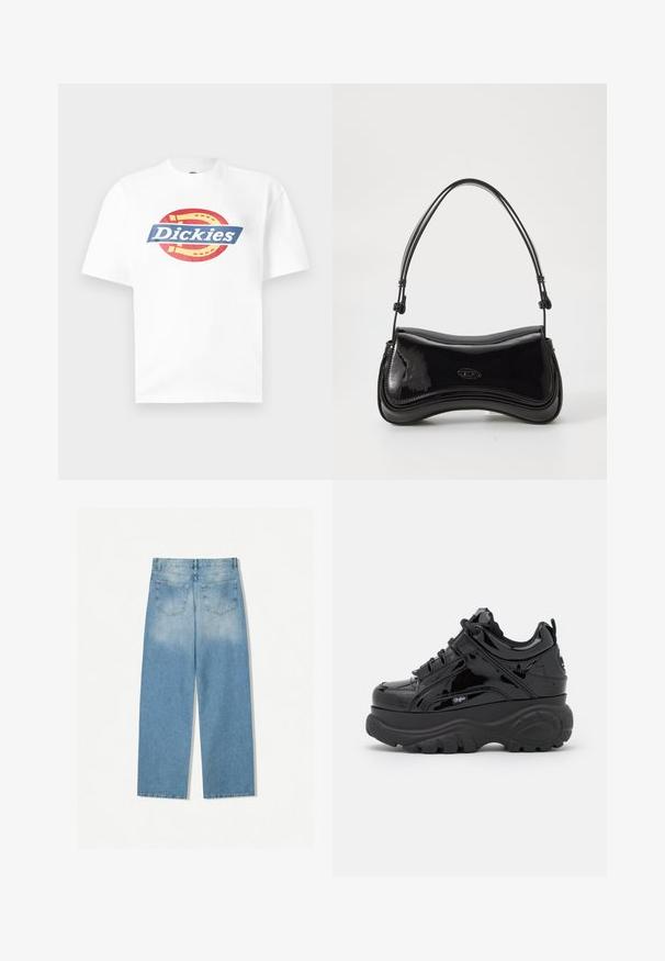 Weißes Kurzarm-T-Shirt mit einem roten und gelben Hufeisen-Logo und dem blauen Schriftzug "Dickies" auf der Brust.; Helleblaue Denim-Jeans mit geradem Bein, ausgestattet mit zwei Gesäßtaschen und einer ausgebleichten Textur im oberen Bereich.; Schwarze Plattform-Sneaker mit glänzender Lackoberfläche, dicken Gummisohlen, Schnürdesign und Logodetail an der Seite.; Schwarze Handtasche aus lackiertem Leder mit einer geschwungenen Form, einem einzelnen Griff und einem runden Boden. Verfügt über ein dezentes Logo-Detail auf der Vorderseite.