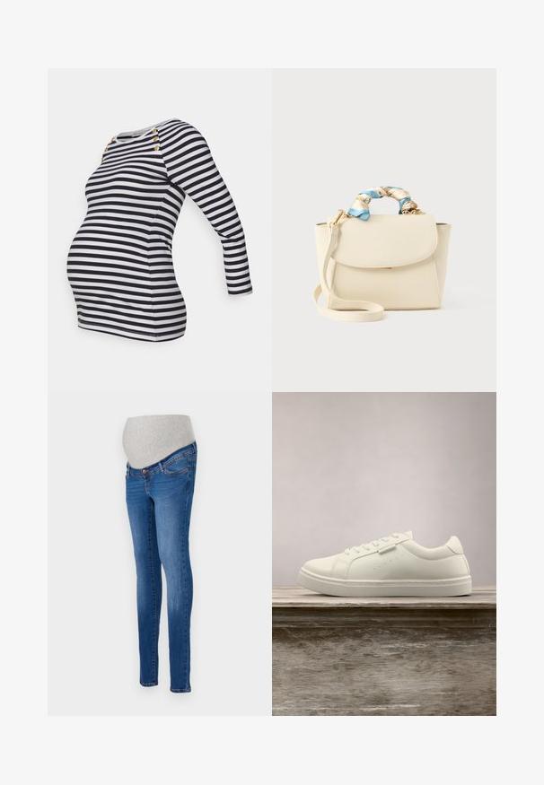 Blusa de maternidad con rayas en azul marino y blanco, mangas largas y detalles de botones dorados en el hombro. Tejido suave, forma ajustada y dobladillo curvado.; Jeans de maternidad en denim azul con un corte ajustado. Cuenta con un panel de estiramiento gris para mayor comodidad. Diseño clásico de cinco bolsillos con un ligero desvanecimiento.; Zapatilla blanca de cuero con cordones flotando sobre un banco de madera, con hierba alta verde desenfocada al fondo en un entorno al aire libre.; Bolso de mano color crema con cierre de solapa, correa de hombro desmontable y tela floral azul y crema retorcida envolviendo el asa superior.