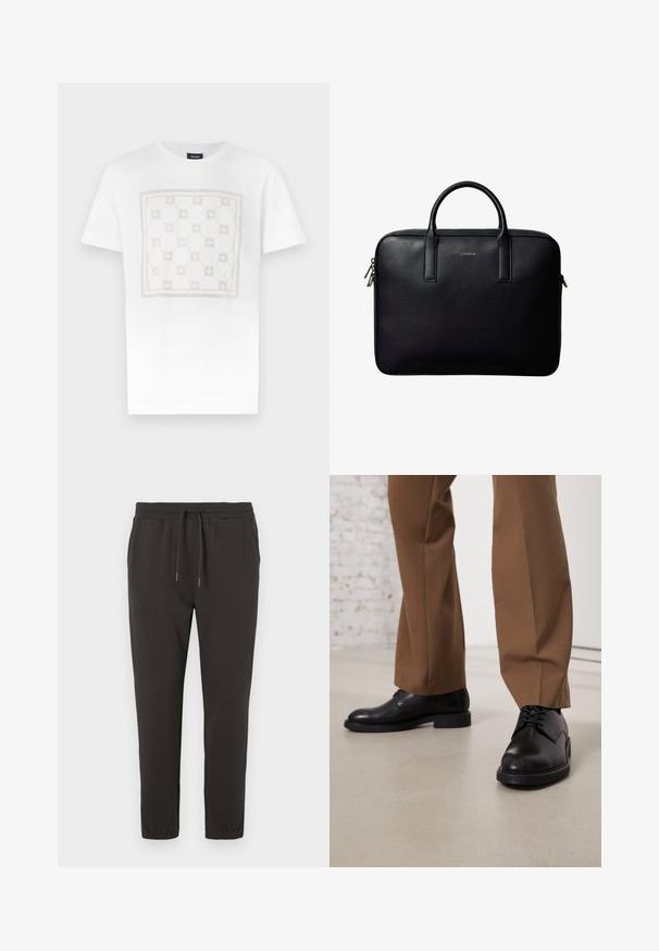 Hvid bomulds T-shirt med et stort, subtilt firkantet mønster i lys beige med afrundede former og detaljer, afsluttet med rund hals.; Mørkegrå sweatpants lavet af blødt stof, med en elastisk talje med snøre, tætsiddende ben og elastiske manchetter ved anklerne.; Sorte læder sko med glat overflade og rund tå, der har snørebåndslukning og en lav, flad sål. Sammen med brune bukser.; Sort lædermappe med dobbelte håndtag, rektangulær form og sølvfarvede lynlås træk, med en lille præget logo i midten.