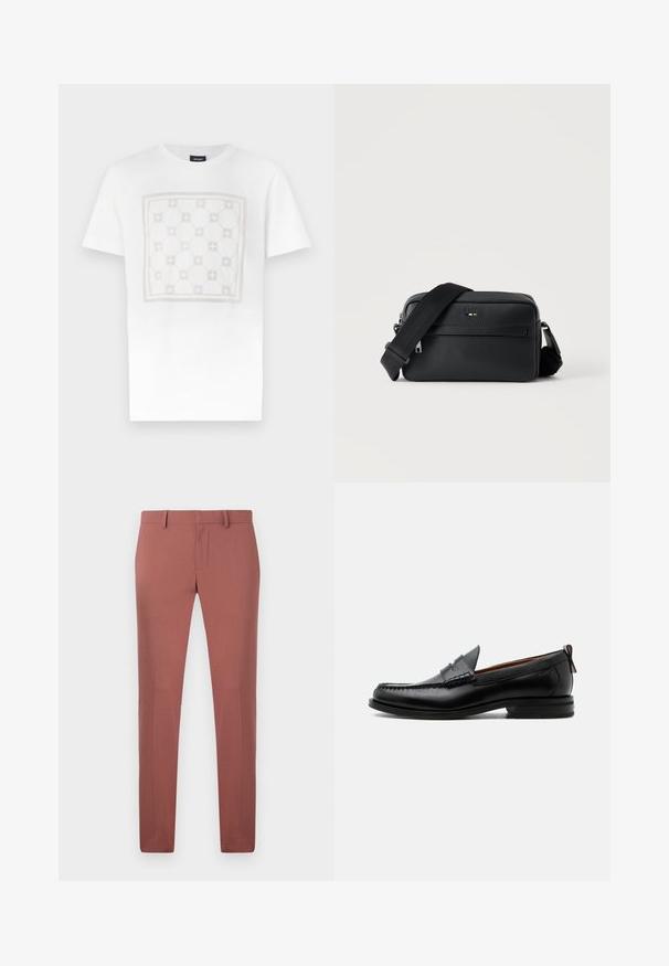 Camiseta de algodón blanca con un gran patrón cuadrado sutil en beige claro con formas redondeadas y acentos, terminada con cuello redondo.; Pantalones a medida en color rojo ladrillo, fabricados con una tela suave, con un corte recto, cinturas con presillas y un cierre frontal de cremallera con botón.; Mocasín de hombre de piel negra con costura moc toe, tira penny, cuello texturizado y tacón bajo apilado sobre fondo blanco.; Bolso bandolera negro de cuero texturizado con bolsillo frontal con cremallera y correa de hombro ancha de tela ajustable sobre fondo blanco.