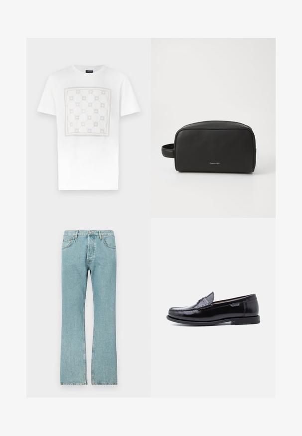 Hvid bomulds T-shirt med et stort, subtilt firkantet mønster i lys beige med afrundede former og detaljer, afsluttet med rund hals.; Lysblå denimjeans med lige ben-design, der har fem lommer og en knaplukning. Synlige sømme og frynsedetaljer i kanten.; Sorte læderloafer med en blank finish, der har et syet mønster på tåen og en lav, tekstureret sort gummisål.; Sort læder toilettaske med tekstureret overflade, afrundet form og sidelomme. Har Calvin Klein-logoet på fronten.