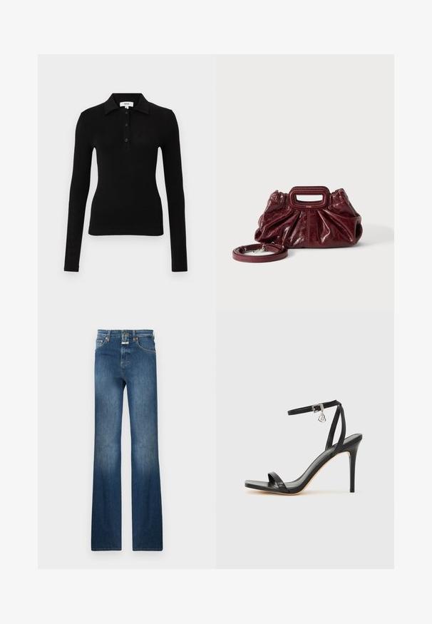 Polo noir à manches longues en tissu doux, présentant un col à revers, une patte de boutonnage et une coupe ajustée pour une silhouette élancée.; Jeans en denim bleu foncé avec une coupe droite, cinq poches et une fermeture à bouton. Des accents décolorés sur les cuisses mettent en valeur la texture.; Sandale à talon haut noire avec une bride étroite à la cheville, bout carré, cuir lisse et accent de boucle métallique.; Petit sac à main en cuir rouge foncé avec texture froncée, poignée rectangulaire découpée pour la main et bandoulière détachable sur fond blanc.
