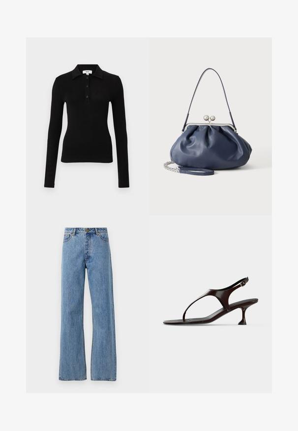 Zwart poloshirt met lange mouwen van zachte stof, met een kraag, knoopsluiting en een aansluitend ontwerp voor een gestroomlijnde uitstraling.; Lichtblauwe hoge taille straight-leg jeans met een voorknoop, rits en vijf-pocket ontwerp op een effen witte achtergrond.; Donkerbruine lakleren slingbacksandaal met kittenheel en teenbandje op witte achtergrond.; Zachte navyblauwe leren handtas met zilveren sluiting, enkele schouderband en afneembare ketting polsband op witte achtergrond.