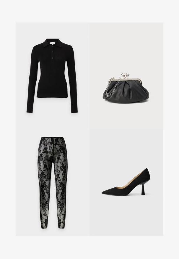 Schwarzes langärmeliges Poloshirt aus weichem Stoff, mit Kragen, Knopfleiste und figurbetontem Schnitt für ein schlankes Erscheinungsbild.; Schwarze Spitzenleggings mit floralem Muster, transparenter Stoff und enger Passform, mit einem glatten Bund und geschlossenen Säumen.; Schwarze Wildleder-Pumps mit hohem Absatz und spitzer Zehenform, ausgestattet mit einem glänzenden schwarzen Blockabsatz und einem glatten Innenfutter.; Schwarze Leder-Clutch mit geraffter Textur, silberfarbener Metallrahmen, Druckverschluss und Kettenriemen. Glatte, weiche Oberfläche.