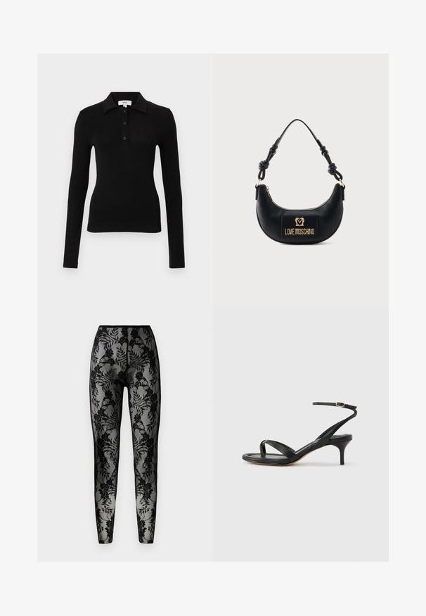 Sort poloshirt med lange ærmer lavet af blødt stof, som har en krave, knaplukning og en tætsiddende pasform for et strømlinet udseende.; Sorte blonde leggings med blomstermønster, gennemsigtigt stof og en tæt pasform, med en glat talje og lukkede sømme.; Sort damesandal i læder med tynde remme, en tå-loop, ankelspænde og en mellemhøj stiletthæl på en neutral baggrund.; Sort halvmåneformet håndtaske med knyttet håndtag og guld "Love Moschino" logo plaque foran, lynlåslukning øverst.