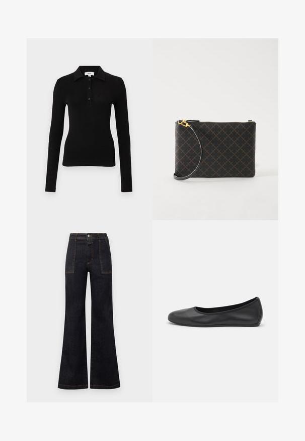 Polo de manga larga negro hecho de tela suave, con cuello con solapa, tapeta con botones y diseño ajustado para una apariencia estilizada.; Vaqueros de mezclilla oscuros acampanados con una cintura alta, con costuras naranjas y dos bolsillos frontales. Textura suave, acabado limpio, diseño clásico.; Bailarina de piel negra con punta redondeada, textura suave, detalle de costura minimalista y diseño de suela flexible.; Pequeño bolso de mano rectangular negro con patrón de diamantes marrón, cremallera dorada y correa de muñeca desmontable sobre fondo blanco.