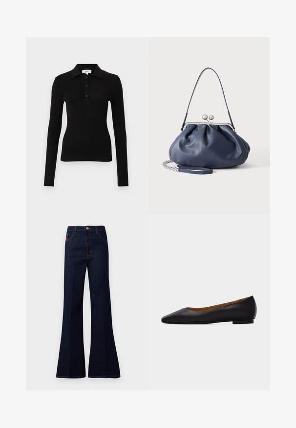 Zwart poloshirt met lange mouwen van zachte stof, met een kraag, knoopsluiting en een aansluitend ontwerp voor een gestroomlijnde uitstraling.; Donkerblauwe hoge taille flared jeans met een knoop aan de voorkant, rits, zij- en achterzakken, en contrasterende stiksels.; Zwarte leren puntschoen met lage hak en gladde afwerking, zijaanzicht op een lichtgrijze achtergrond.; Zachte navyblauwe leren handtas met zilveren sluiting, enkele schouderband en afneembare ketting polsband op witte achtergrond.
