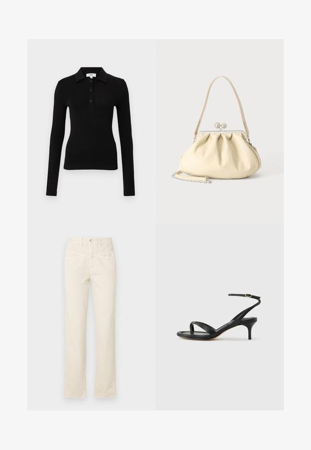Sort poloshirt med lange ærmer lavet af blødt stof, som har en krave, knaplukning og en tætsiddende pasform for et strømlinet udseende.; Beige bomuldsbukser med lige ben, featuring en knaplukning og diskrete frontlommer. Nederkanten har en let opfriskning.; Sort damesandal i læder med tynde remme, en tå-loop, ankelspænde og en mellemhøj stiletthæl på en neutral baggrund.; Cremefarvet blødt læder håndtaske med indsamlet design, sølvramme-lukkemekanisme, kort hank og aftagelig kæderem.