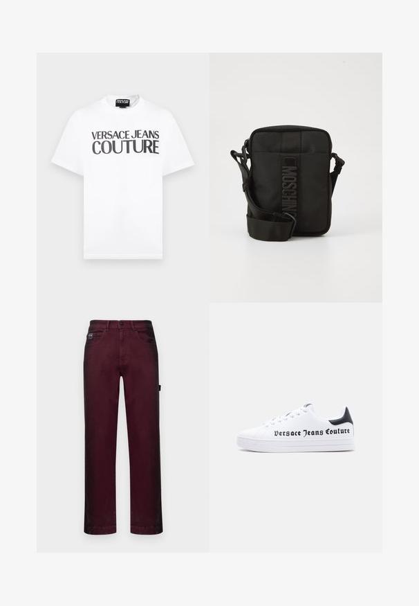 Weißes T-Shirt mit kurzen Ärmeln und schwarzem Text "VERSACE JEANS COUTURE" auf der Brust sowie einem kleinen Markenetikett am inneren Halsausschnitt.; Burgunderfarbene Denim-Hosen mit geradem Schnitt, fünf Taschen, Metallknopfverschluss und Gürtelschlaufen für eine verstellbare Passform.; Weißer Sneaker mit niedrigem Schnitt, schwarzem Fersenlasche, Schnürdesign und dem Schriftzug "Versace Jeans Couture" in Schwarz auf der Seite gedruckt.; Kompakte schwarze Umhängetasche mit verstellbarem Tragegurt und vertikalem MOSCHINO-Logo auf dem mittleren Frontpanel vor weißem Hintergrund.