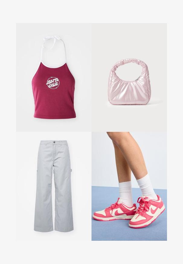 Top corto halter burdeos con ribete blanco, que presenta un logo circular con "Santa Cruz" en blanco, hecho de un material de algodón acanalado.; Pantalones cargo grises de pierna ancha con cierre de botón, dos bolsillos laterales y un bolsillo con solapa. Hechos de un tejido duradero con una textura suave.; Zapatillas Nike de cuero rosa y crema, con puntera perforada, cordones y calcetines blancos. Presenta el logo en el lateral y en el talón, diseño de suela plana.; Bolso de mano acolchado en color rosa con un diseño redondeado, fabricado en material brillante. Presenta un asa fruncida y un cierre de cremallera para un acceso seguro.