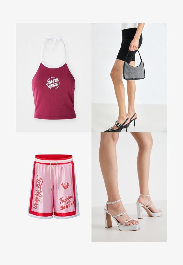 Haut court halter bordeaux avec bord blanc, présentant un logo circulaire avec "Santa Cruz" en blanc, fabriqué en coton ribbé.; Short de sport en satin rose avec bordure rouge et blanche, cordon blanc et texte rouge indiquant « True Religion », « est. 2002 » et « Fashion for the Senses ».; Sandales à talons hauts argentées avec des brides autour de la cheville, en matière texturée, avec un large talon bloc et des boucles ajustables.; Sac à main à perles noires avec une silhouette courbée, une poignée de transport et une texture brillante. Porté avec des chaussures à talons hauts noires et un short noir ajusté.