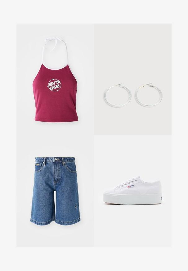 Haut court halter bordeaux avec bord blanc, présentant un logo circulaire avec "Santa Cruz" en blanc, fabriqué en coton ribbé.; Shorts en denim bleus, avec une coupe droite, cinq poches et des coutures jaunes contrastées. Comprend un petit logo sur le côté gauche.; Baskets en toile blanches avec une épaisse semelle plateforme blanche, bout rond et œillets en métal pour les lacets. Logo de la marque affiché sur le côté.; Paire de boucles d'oreilles créoles argentées brillantes avec fermoirs en fil fin, présentée sur un fond gris clair.