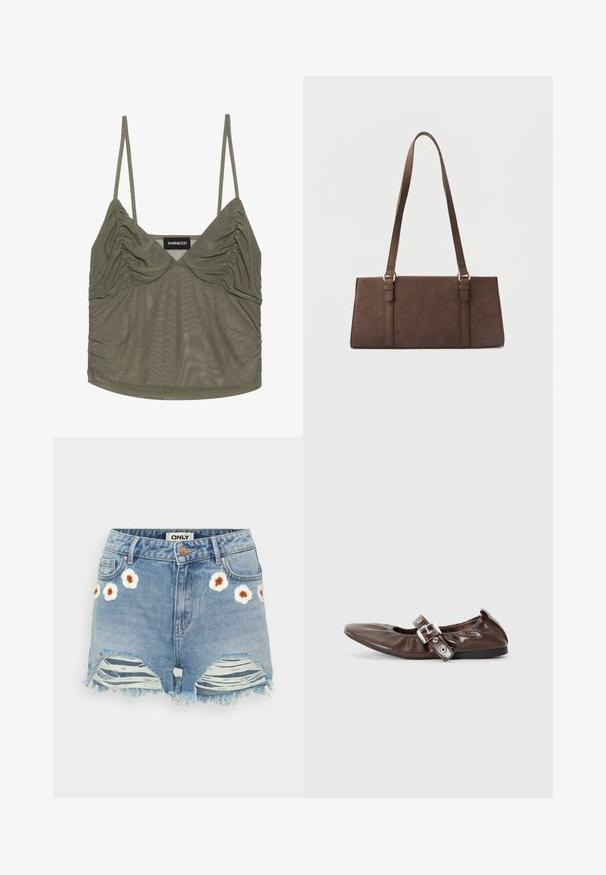 Olivegrøn mesh top med justerbare spaghetti stropper, der har samling detaljer ved brystet og siderne, glat tekstur og en rund kant.; Lysblå denimshorts med broderede hvide blomster og brune midter på forsiden. Frynset kant og slidte detaljer på benene.; Brun lakeret flad sko med spids tå, elastisk sløjfedetalje og en sølvspændeaccent på siden. Sort gummisål.; Brun rektangulær skuldertaske med lange stropper og minimale syningsdetaljer på en ensfarvet baggrund.