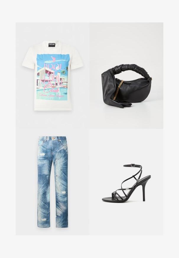 T-shirt blanc avec un graphisme coloré représentant une scène moderne au bord de la piscine, des palmiers, et un texte rose indiquant « Pool & Cool Social Club ».; Jean en denim bleu vieilli avec des patchs décolorés, des effets de frottement et de petites déchirures, doté de poches avant et d'une fermeture par bouton.; Sandale noire à talons hauts avec des brides fines, une boucle à la cheville, une surface en cuir lisse et un talon aiguille élancé.; Sac en cuir noir avec une poignée torsadée, accent en chaîne dorée et forme arrondie. Présente une texture lisse et une fermeture éclair.