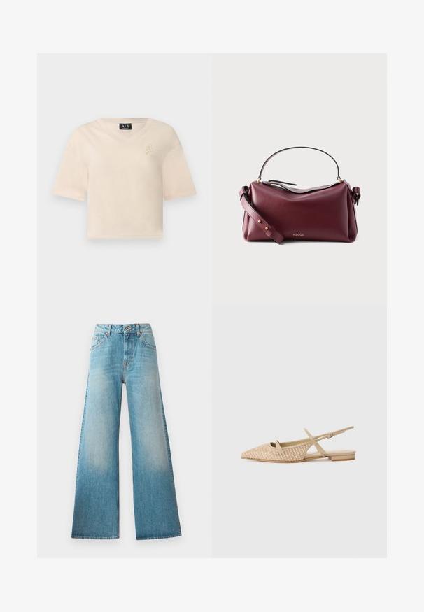 Beige kort cropped T-shirt med V-hals, korte ærmer og lille broderet logo på venstre bryst.; Lysblå denim wide-leg jeans med høj talje, fem-lomme design og diskret falmning langs lårerne. Kobberfarvede hardware-detaljer.; Alexandre Birman TITA - Slingback-ballerinasko - cookie; Mørkerød lædertaske med top håndtag, justerbar skulderrem, guldfarvet hardware og lille "NEOUS" logo på forsiden.