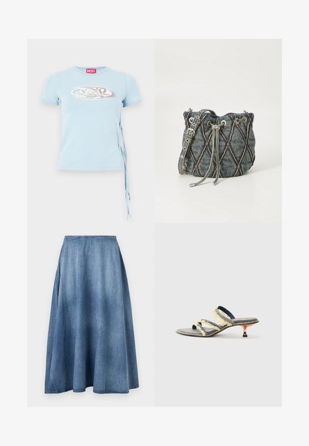 Hellblaues T-Shirt mit kurzen Ärmeln, runder Ausschnitt, seitlichen Bindebändern und einem grafischen Druck mit dem Text "www.diesel.com" in Silber.; Blauer Denim-Rock in A-Linie mit leichtem Ausbleichen und kleinen roten Faden-Details nahe der Taille, vor einem einfarbigen weißen Hintergrund.; Denim-Slidesandale mit drei gelben, ausgefransten Riemen, einer leicht spitzen Zehenpartie und einem metallischen Kitten-Heel. Flache Sohle mit dekorativer Naht.; Denim-Eimer-Tasche mit diamantquiltetem Muster, grauem Kordelzugverschluss, silbernen Hardware-Akzenten und weicher Textur, ausgestattet mit einem abnehmbaren Tragegurt.